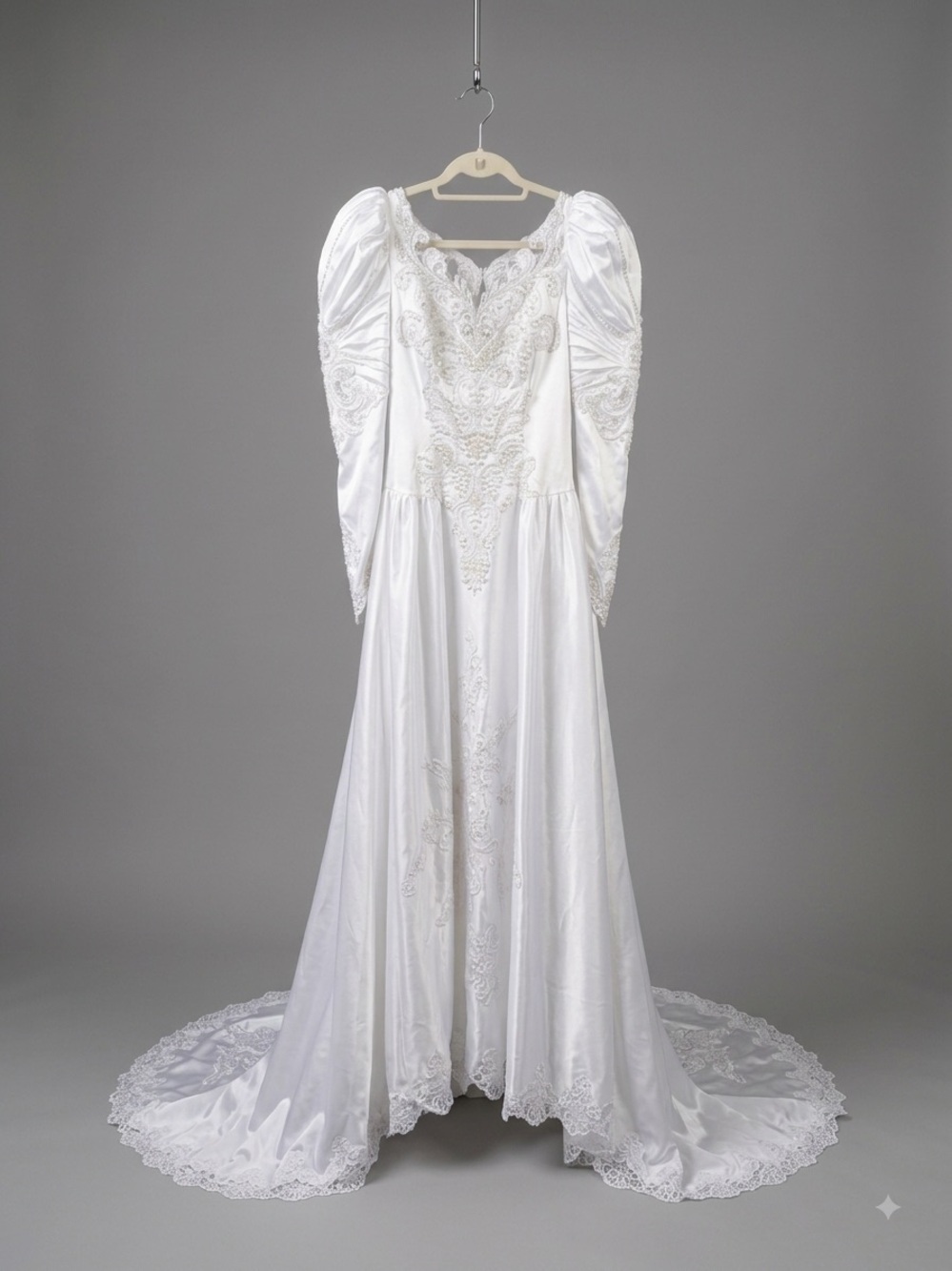Vintage 80s/90s Beaded Satin Wedding Dress with Leg-of-Mutton Sleeves & Train